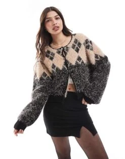 French Connection Knitted Cardigan In Argyle Pattern In Black For Women