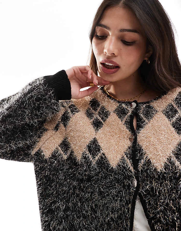 French Connection Knitted Cardigan In Argyle Pattern In Black For Women - Image 3