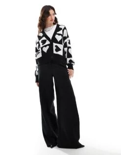 French Connection Knitted Cardigan With Love Hearts In Black And White For Women Mono