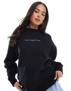 French Connection FCUK Sweatshirt With Live Laugh Slogan In Black For Women