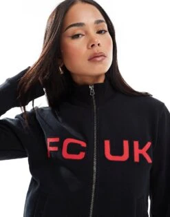 French Connection FCUK Zip Through Jersey With Slogan In Black For Women
