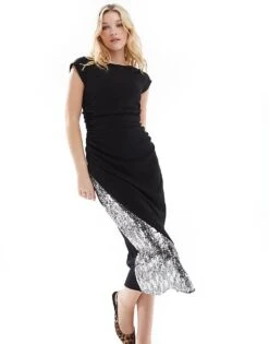 French Connection Jersey Midi Dress With Sequin Insert In Silver For Women