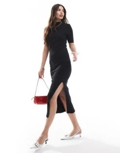 French Connection Rib Turtle Neck Midi Dress With Split In Black For Women