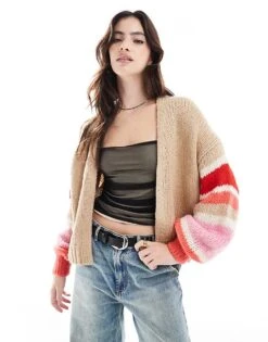 French Connection Monroe Stripe Sleeve Cardigan In Sand For Women Sand Multi