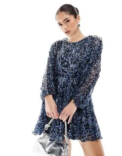 French Connection Anna Chiffon Mini Pleat Dress In Navy Scribble For Women Navy Multi