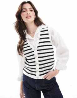 French Connection Lumi V-neck Knitted Waistcoat In Navy White Stripe For Women White Navy Stripe