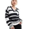 French Connection V-neck Striped Varsity Jumper In White And Navy For Women Navy White Stripe