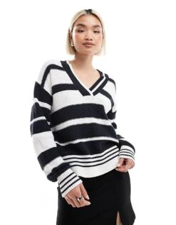 French Connection V-neck Striped Varsity Jumper In White And Navy For Women Navy White Stripe