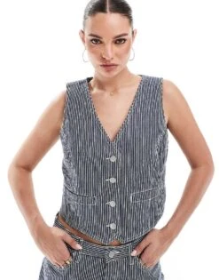 French Connection Everett Denim Waistcoat Co-ord In Indigo Stripe For Women Indigo White Stripe