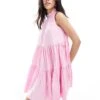 French Connection High Neck Tiered Poplin Mini Dress In Pink For Women Strawberry Shake