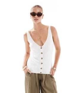French Connection V-neck Rib Button Up Vest In White For Women Summer White