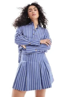 French Connection Alexis Cotton Stripe Pleated Mini Skirt In Navy And White Co-ord For Women Navy White